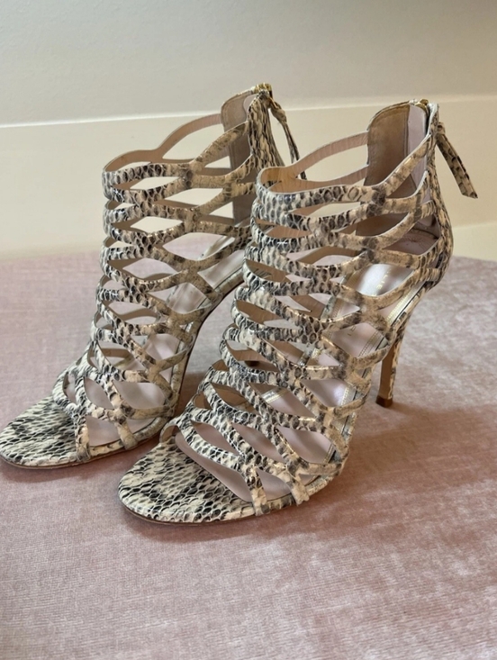 Elie Tahari Shoes - Strappy Snake-Print High Heel Sandals in Beige
